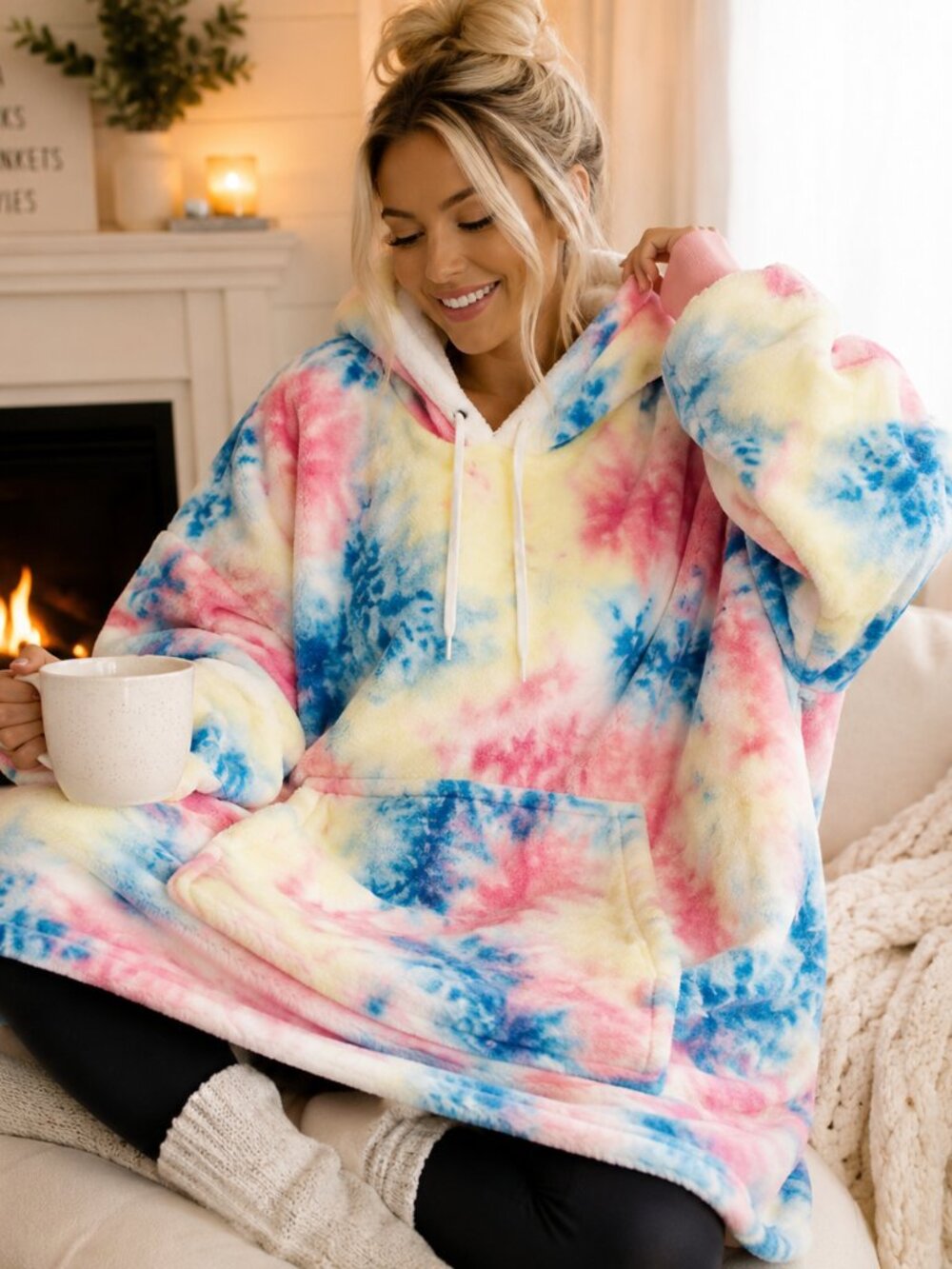 Qeils Wearable Blanket Hoodie Tie-Dye Plush Sherpa Pullover